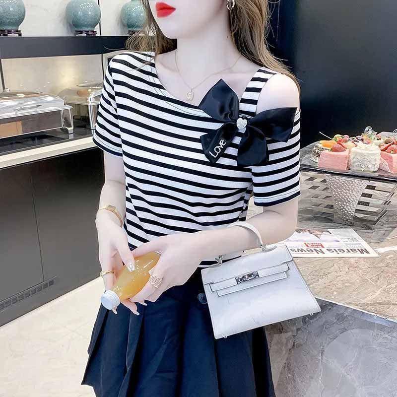Áo Phông Ngắn Tay, Họa Tiết Sọc, Dành Cho Nữ, Phong Cách Phương Tây, Trông Trẻ Trung, Áo Sơ Mi Nhỏ Đẹp, Trễ Vai, Áo Sang Trọng, Thích Hợp Cho Mùa Hè 2025, Hàng Mới Về 8