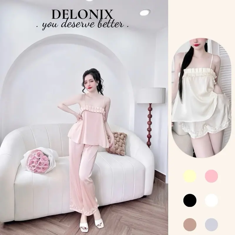 B17 Bộ đồ ngủ lụa pijama xếp ly 2 dây cute sang chảnh tôn dáng cao cấp chuẩn hàng bộ ngủ DELONIX 0