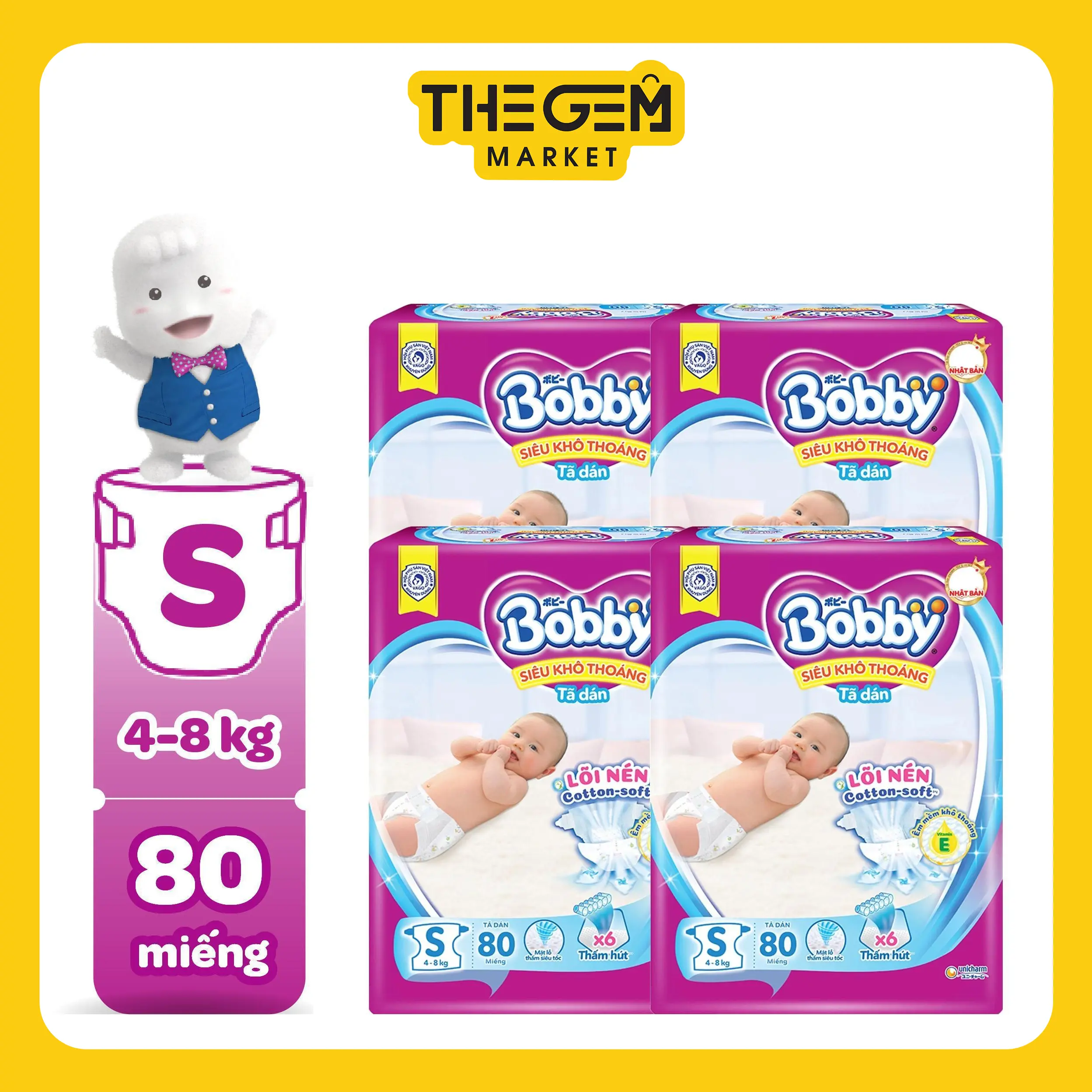 [COMBO 4] Bobby Tã dán S80 lõi nén cotton-soft cho bé