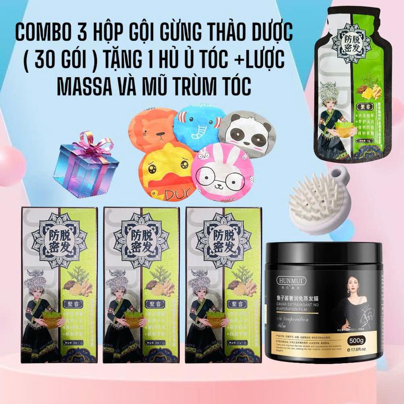   COMBO 3 HỘP TẶNG Ủ TÓC VÀ LƯỢC MASSA VÀ MŨ TRÙM TÓC  30 GÓI DẦU GỘI GỪNG SÃ GIÚP TÓC CHẮC KHỎE PHỤC HỒI KHÔ XƠ CHẺ NGỌN 
