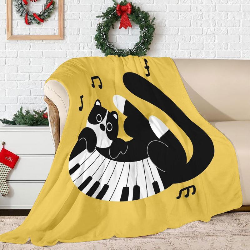 Product Introduction of Cat & Piano Pattern Blanket, 1 Count Soft Comfortable Warm Throw, Air-conditioned Room Blanket, Warm Nap Blanket for Home & Office 4