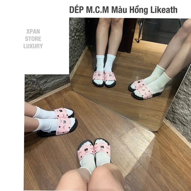 Dép Quai Ngang Nam Nữ M.C. Quai Da IN Hoạ Tiết Logo Hợp Kim , Đế Đúc Cao Su, Màu Hồng