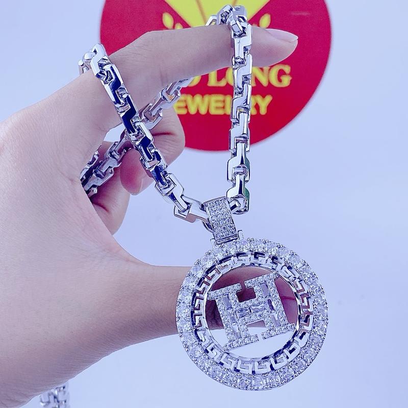 Bộ dây chuyền nam mạ bạch kim mặt chữ H dây công vuông khoá hộp