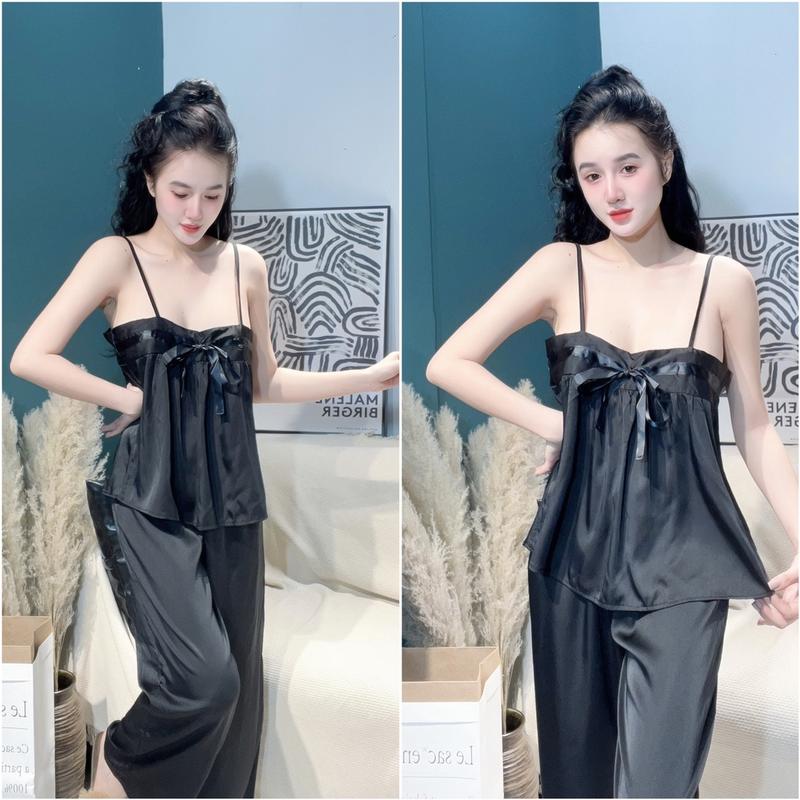 Đồ Bộ, Đồ Ngủ Áo 2 Dây Phối Nơ Quần Dài Chất Lụa Latin Mịn Mượt - Freesize Nhung Nữ 3