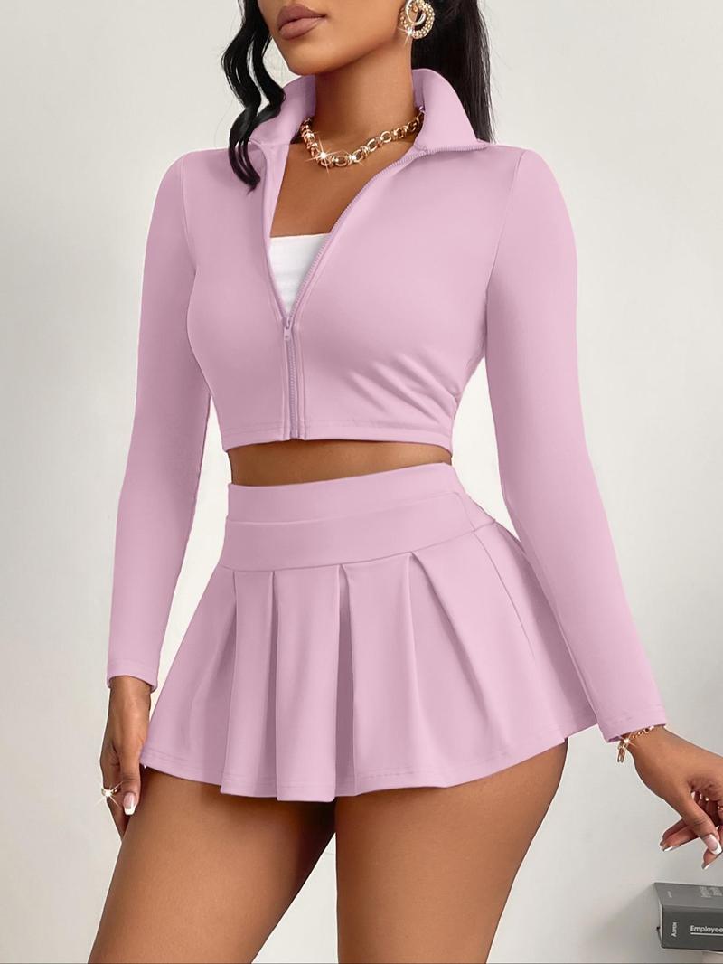 Product Introduction of Women's Solid Zip Up Crop Jacket & High Waist Skirt Two-piece Set, Casual Fashion Cozy Two Piece Outfits for Daily Outdoor Wear, Women Clothes for Spring Fall 4