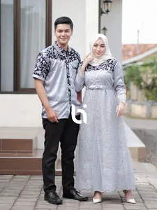 Bi - baju batik couple gamis kombinasi batik prada bakung fashion muslim Batik Irfana panjang kondangan Pesta Pasangan Sarimbit  Lamaran  Gaun  Lebaran Wanita Dress Keluarga Ibu Polos