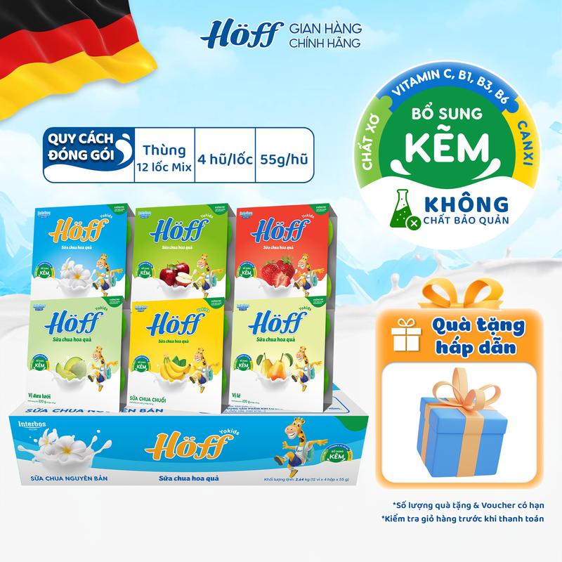 Sữa chua cho bé ăn dặm combo mix 6 vị Hoff bổ sung dinh dưỡng canxi kẽm vitamin B1 B2 B3 B6 chất xơ, Men vi sinh hỗ trợ hệ tiêu hóa thùng 12 lốc (48 hộp x 55g)