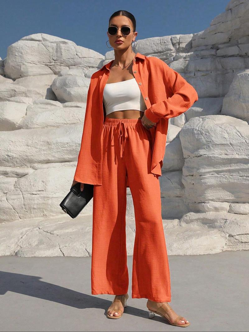 Product Introduction of WOMEN'S solid button front shirt & tie front wide leg pants two-piece set; casual drop shoulder long sleeve top & high waist settee 2 piece set for spring & Fall, WOMEN'S lounge clothes for daily wear 3