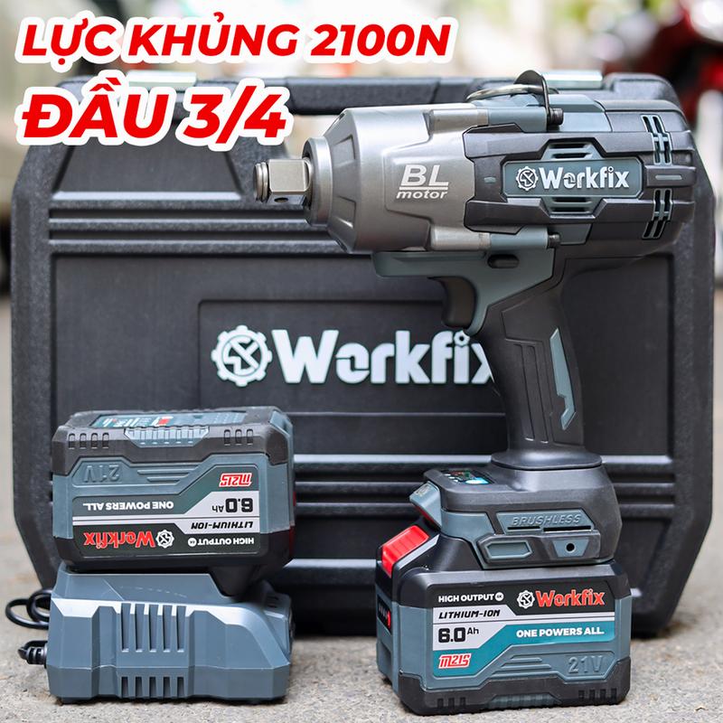 Máy Siết Bulong WORKFIX - IW2100N màu Xám, Lực Siết 2100Nm, Đầu 3/4, 2 Pin 15cell, Mở ốc bánh xe tải, xe khách, Ốc lớn siet bulong