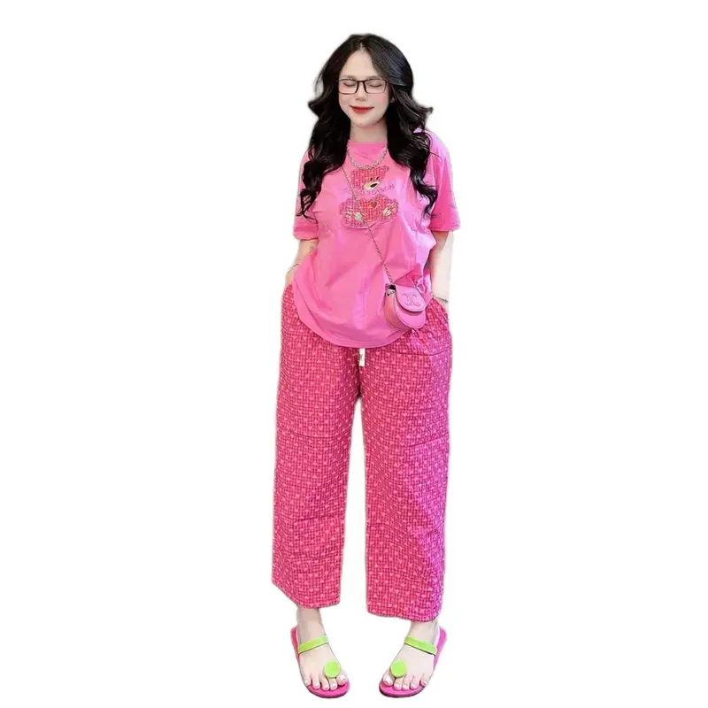 ĐỒ BỘ NỮ, SET BỘ NỮ ÁO COTTON THÊU GẤU PHỐI QUẦN KATE HỌA TIẾT 3 MÀU BIGSIZE 45-85KG Women Top thường setbo 3mon 2