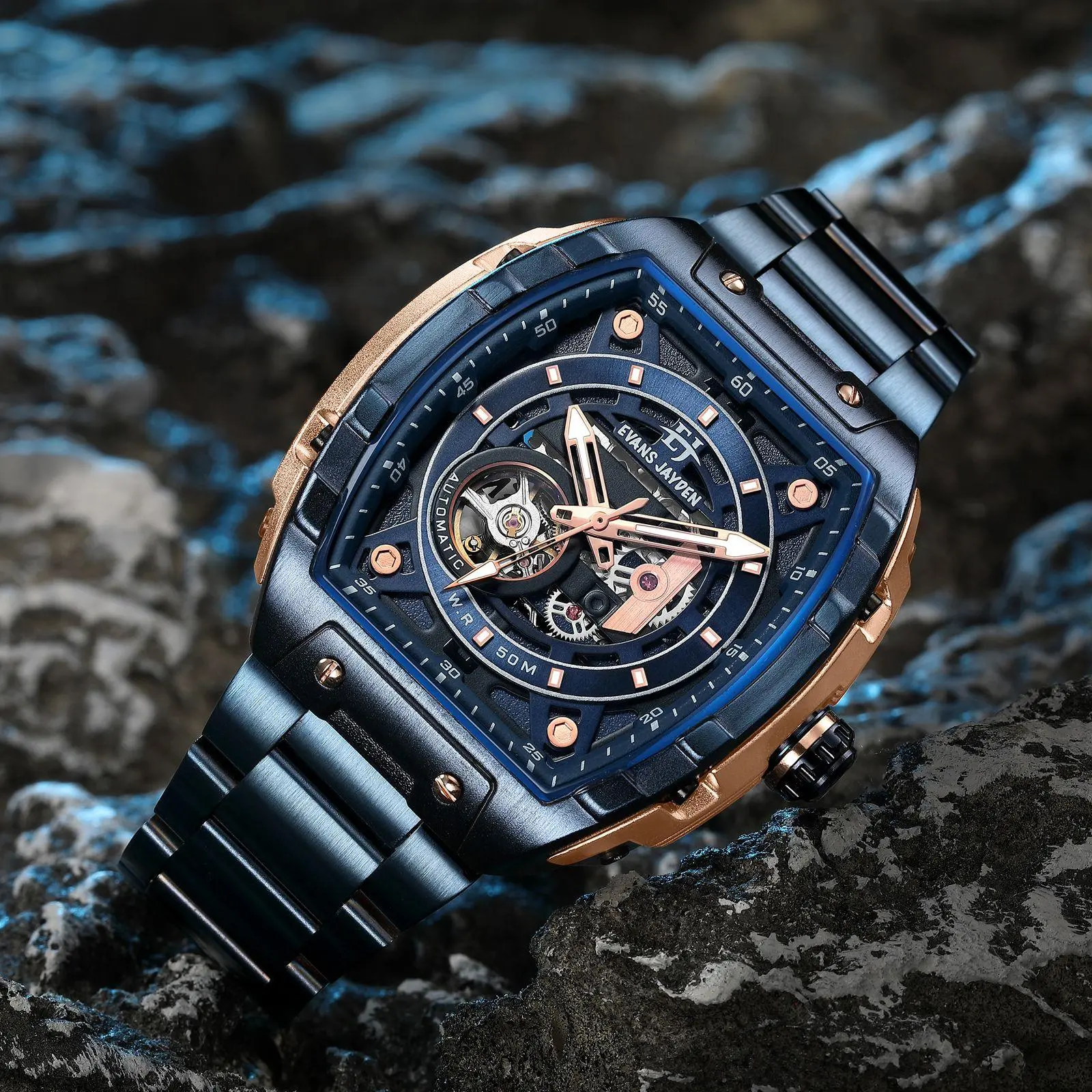 DISKON  jam tangan Evans Jayden Jam Tangan Pria 9611 Rantai Automatic Movement Stainless Steel Kaca Sapphire Chronograph Water Resistant 5 ATM