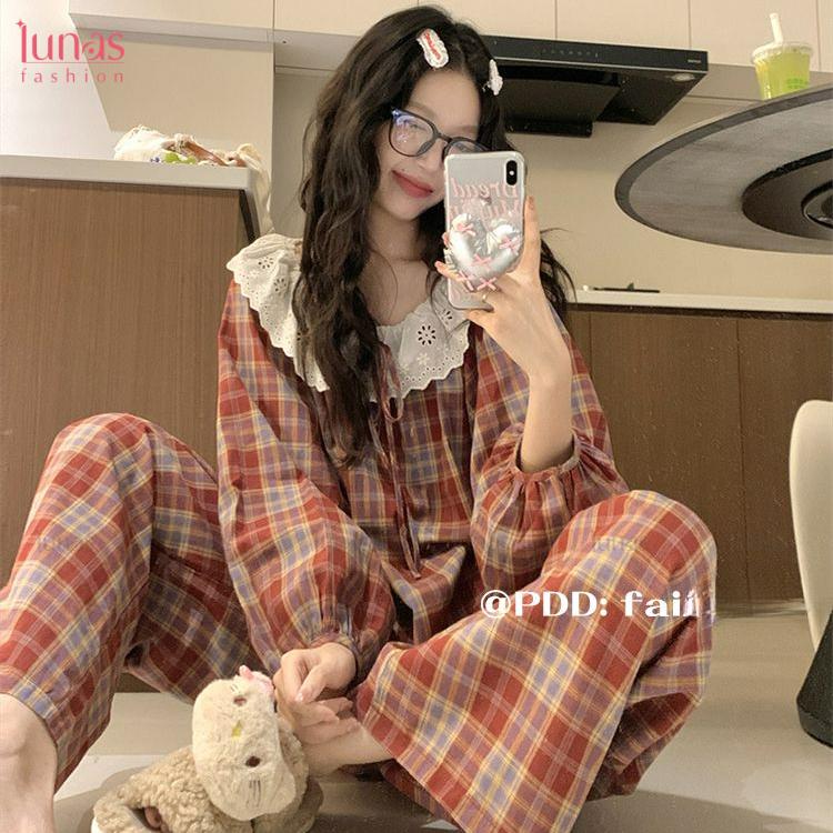 Bộ Đồ Ngủ Kẻ Sọc, Phong Cách Hàn Quốc, Dành Cho Nữ, Mùa Thu Và Mùa Đông, Thiết Kế Ren Ngọt Ngào Quần Dài Tay, Thích Hợp Cho Học Sinh, Dáng Rộng Vừa Vặn, Lý Tưởng Để Mặc Hàng Ngày, Đồ Mặc Nhà