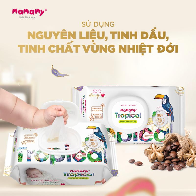 [KOC][MUA 6 TẶNG 14] MUA 6 gói khăn ướt Mamamy Tropical 60 tờ TẶNG 4 gói cùng loại + 10 gói dầu tắm gội thiên nhiên 5ml