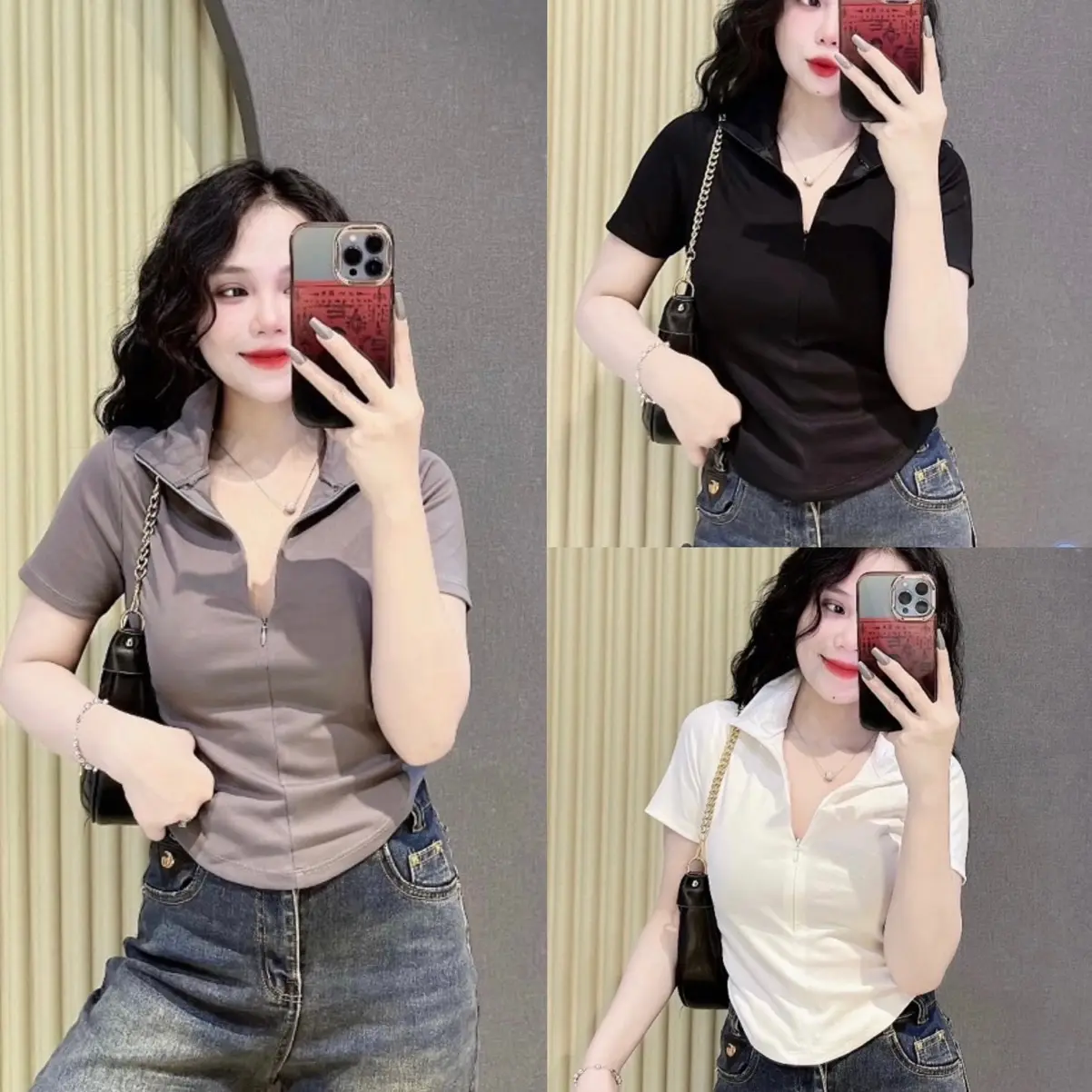 Áo thun nữ tay ngắn cổ bẻ có khoá kéo, áo dáng ngắn ôm sát body Top Polo Women thông thường đi lại thanh lịch