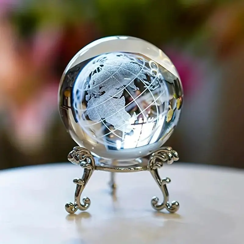 Earth Design Glass Ball, Creative Glass Ball with Metal Stand, Desktop Decoration Craft, Desktop Ornament for Home Office Decor