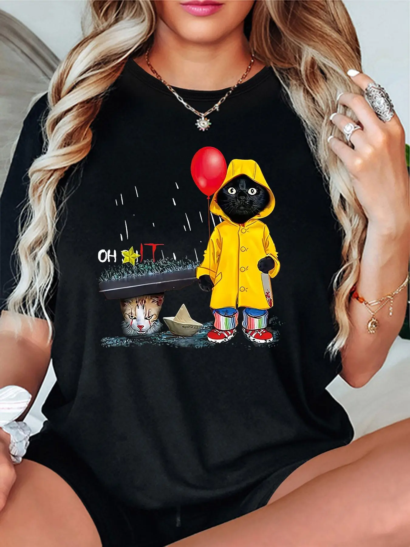 Women's Cartoon Cat Print Round Neck Tee, Fashion Casual Short Sleeve T-shirt, Ladies Summer Clothes for Daily Wear