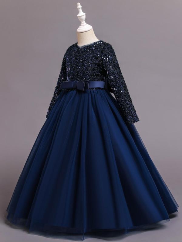 Girl's Long Sleeve V Neck Sequin Dress, Bow Front Fit & Flare Party Dress For Formal Occasions, Kids Clothes, Fashion Girl's Ball Gown For Spring & Fall 6