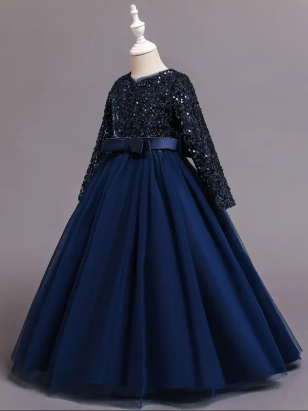 Girl's Long Sleeve V Neck Sequin Dress, Bow Front Fit & Flare Party Dress For Formal Occasions, Kids Clothes, Fashion Girl's Ball Gown For Spring & Fall 5