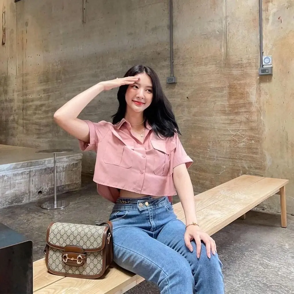 Key - 0137 Kem WILONA CROP Top Size XL Wolfis Premium / Atasan Kemeja Wanita Crop Wolfis Premium Army Mocca Baju Casual