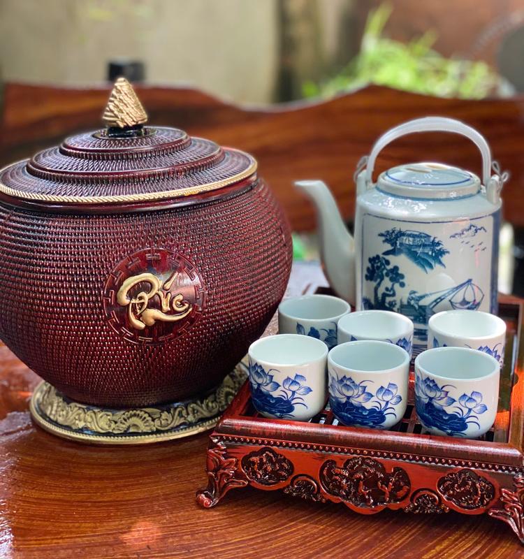 Giỏ ủ ấm tích pha trà xanh trọn bộ, Hàng Bát Tràng bền đẹp, trọn bộ ủ ấm, tích, cốc, khay đựng dung tích 1,5L