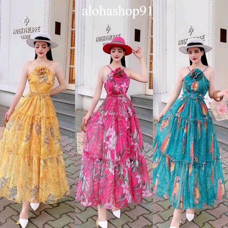 Đầm maxi cổ yếm kết hoa có dây cột eo dễ thương Voan Nữ 0