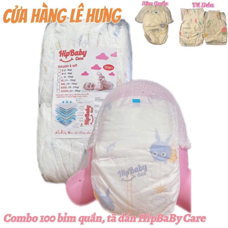 HipBaby Care Combo 2 Bịch 100 Miếng Bỉm Quần Tã Dán Đủ Size S M L XL 2XL 3XL Voi Balo Cho Bé Thấm Hút 500-600ml