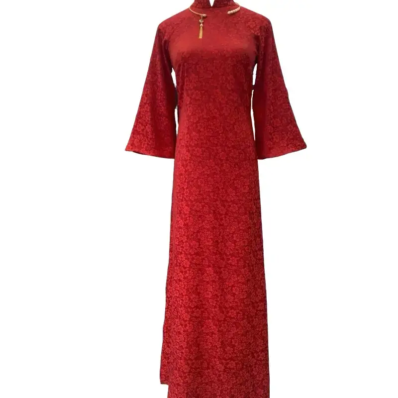 Áo dài đỏ đô dáng suông,cổ truyền thống 2cm