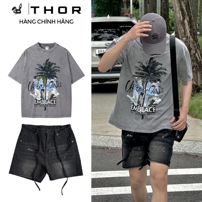 ￼THOR set tiết kiệm áo thun wash xám in hình và quần short jean cao cấp dành cho nam nữ Menswear Kem