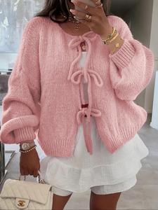 Women's Plain Tie Front Drop Shoulder Cardigan, Casual Long Sleeve V Neck Knitwear for Daily Wear, Ladies Clothes for All Seasons