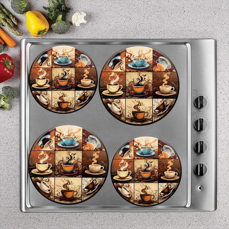 Coffee Cup Pattern Stove Top Protector, 4 Counts/set Metal Stove Burner Cover, Kitchen Accessories for Home Dining Room Coffee Shop 2