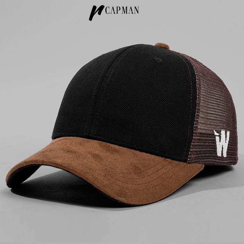 Mũ lưỡi trai Reckless Capman phối da lộn CM80 màu nâu đen, nón kết nam nữ unisex (2 món) - Hat mũ mũ  len capman  nón