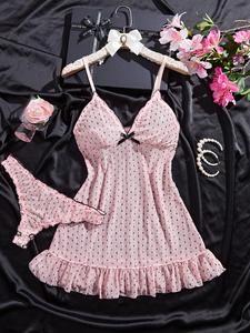 Conjunto de ropa de dormir sexy para mujer con tanga a juego, camisón ajustado para todas las estaciones, ropa de descanso cómoda de tela fina para mujeres
