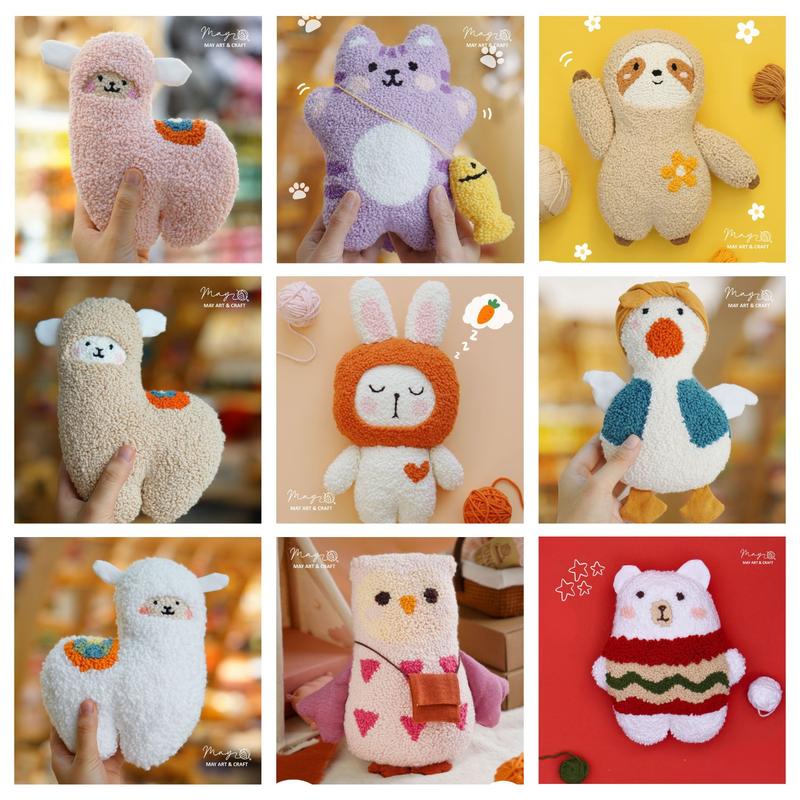 Set nguyên liệu làm thú bông thêu len nổi punch needle có mẫu alpaca, mèo bông, thỏ bông, bé lười, vịt bông, gấu bông, tuần lộc