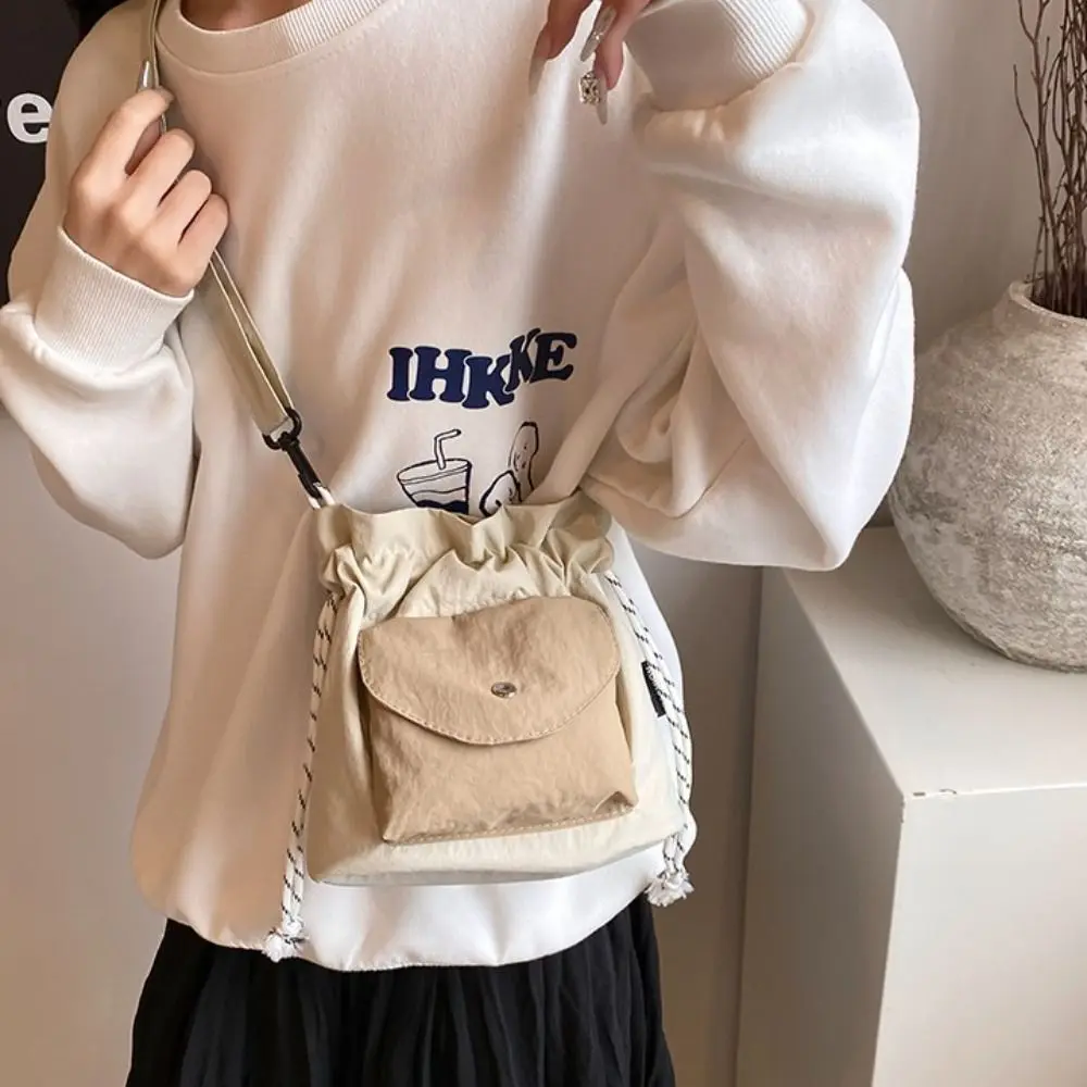 Simple Lightweight Shoulder Bag with Pocket Oxford Large Capacity Crossbody Bag Mini Commute Drawstring Bag Unisex