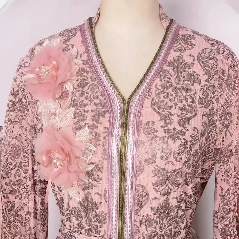 2025 Women's Middle Eastern Style Evening Dress Muslim Fashion New Fashion Gold Stamped Floral Decoration Long Sleeve Dress for Women 1