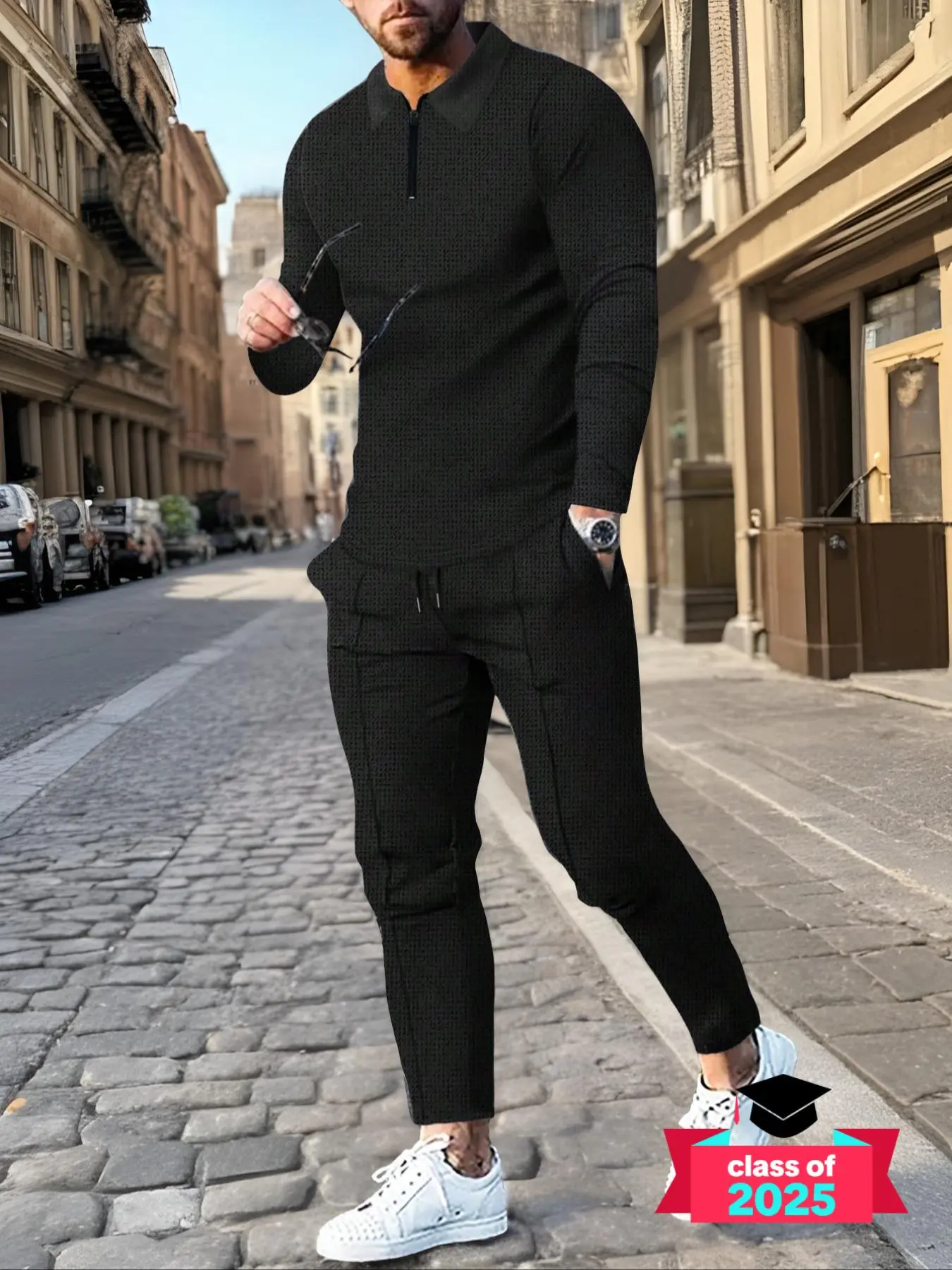 Men's Solid Textured Long Sleeve Polo Shirt & Drawstring Waist Pants Set, Regular Fit Casual Comfort Zipper Top & Pocket Trousers, Men's Two-piece Outfits, Matching Clothing, Menswear