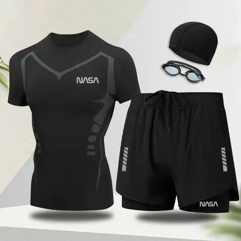 Swimsuit Full Set Men's and Women's Swimming Trunks Swimming Cap Swimming Goggles Three-Piece Set Hot Spring Anti-Embarrassment Exposure Quick-Drying Beach Pants