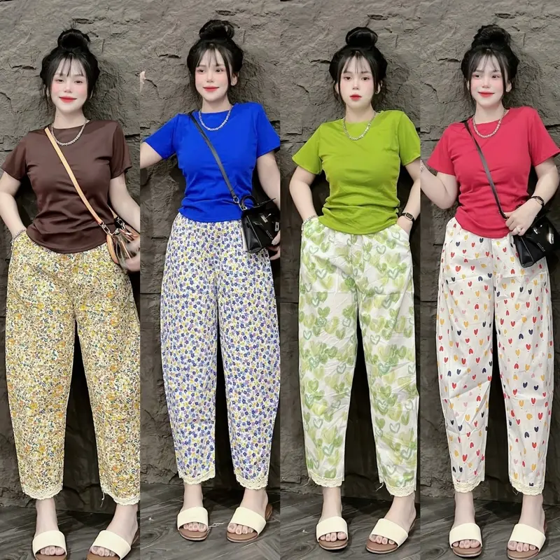 Sét Bộ Thun Áo Tay Ngắn Cổ Tròn In Hình Hoa Nhí Thun Co Giãn Kèm Quần Baggy Lụa Phoi Ren Lai,In Hoa Tiếc Hoa ,Phom 45-58kg,Mac Thoai Mai Nữ Women Bo Chun Nhung Voi Top Kem 6