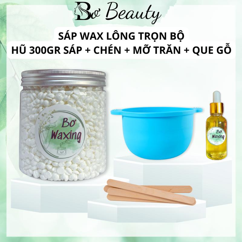  Sáp wax lông cao cấp trọn bộ gồm hũ 300gr sáp sữa dừa trắng + chén silicone + 10ml mỡ trăn nguyên chất + que gỗ  Che tên SP  