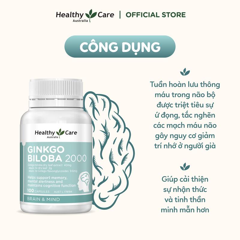 Viên Uống Bổ Não Healthy Care Ginkgo Biloba Tăng Cường Trí Nhớ, Giảm Đau Đầu, Lưu Thông Máu Não - 100 Viên 2