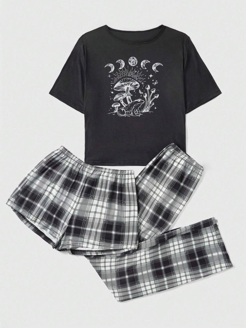 Product Introduction of Three-Piece Set Women's Plaid Print Pyjama Set, Casual Comfy Short Sleeve T-shirt & Elastic Waist Shorts & Bow Front Pants PJ Set, Ladies Sleepwear for All Seasons 3