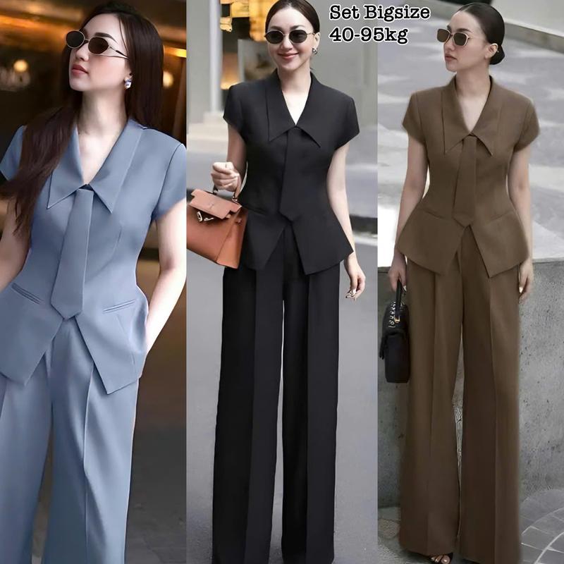 Thời Trang Bigsize - Set Bộ Vest Nữ Tay Ngắn Bigsize Kèm Quần Ống Suông Lụa Chéo Thái Thiết Kế Kèm Cà Vạt Dự Tiệc Nữ Cao Cấp Xinh Đẹp Sang Trọng  50-95kg Áo Top Màu Nâu Sen Màu Đen Set Đồ Nữ đẹp Set Áo Croptop Bộ Suit Nữ Sang Chảnh Bigsize Women set  vest