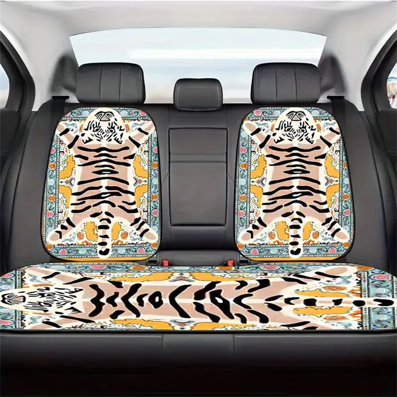 Cartoon Tiger Pattern Car Seat Cover, Breathable All-season Polyester Cushion for Rear and Front Seats, Car Interior Accessories for 95% Cars, SUVs, Sedans, Vans 0