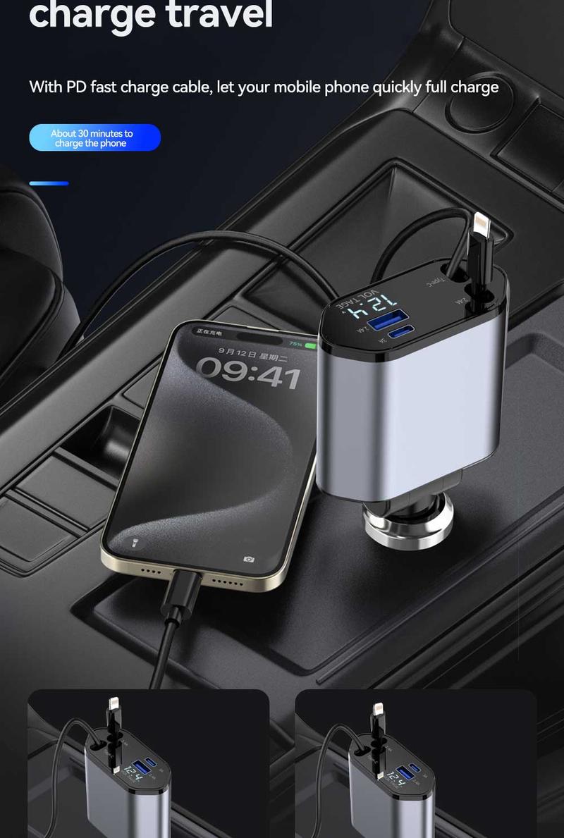 Product Introduction of new 120W multi-functional car charger for car charging elastic recovery for Apple jack and Typr-C with numerical display direction adjustable multi-port work simultaneously luggage  holder universal  travel tessan  travel Ultra-Fast Multi-Device Type C 10