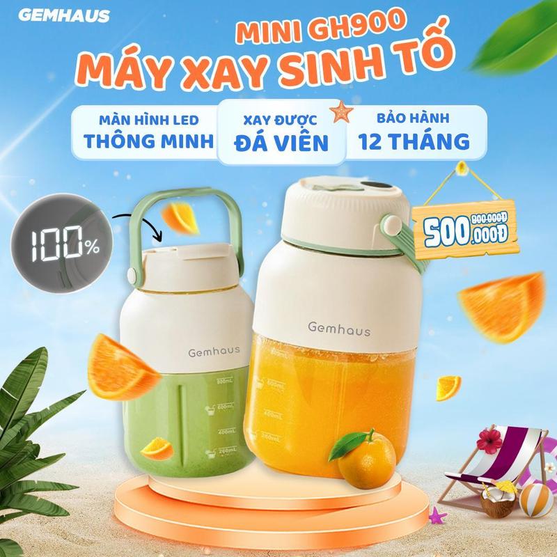 [MỚI RA MẮT] Máy xay sinh tố mini dùng pin GEMHAUS GALAXY GH900 dung tích xay 800ml, dung tích đựng 1100ml, kèm nắp đậy có quai cầm và ống hút, bảo hành 12 tháng, hiển thị pin trên màn hình