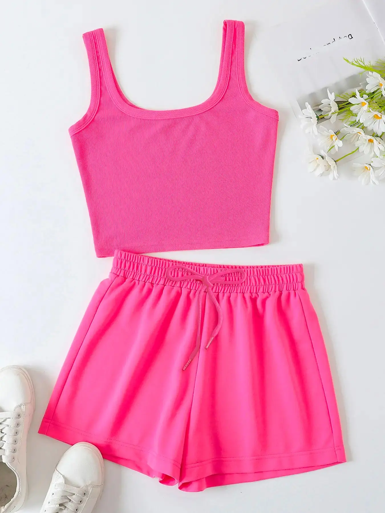 LGBTQ+ Women's Solid Ribbed Elastic Waist Loungewear Set, Casual Square Neck Crop Top & Drawstring Shorts Set, Summer Clothes Women, Pj Sets for Women