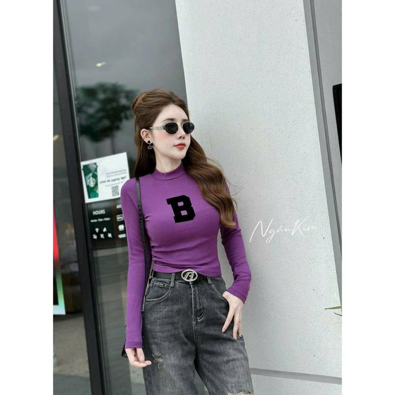 Áo Thun Bo Gân Mịn Cổ Lọ Kèm In Chữ B Đậm Trước Dài Tay Đơn Giản TTMC0199 Nữ Women