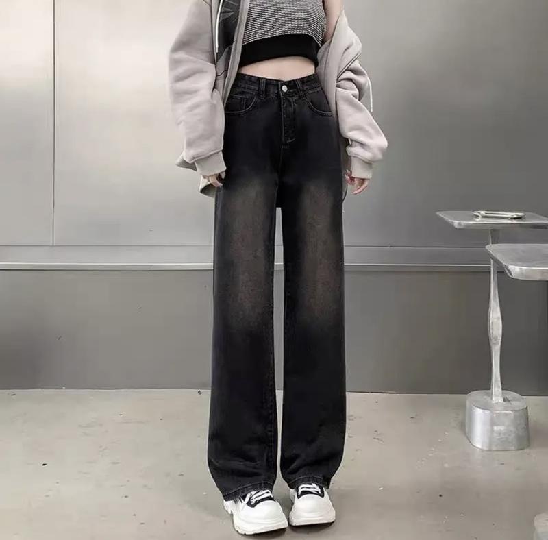 Quần Jean Suông Ống Rộng Nữ Bigsize 55-90kg Xám Khói Lưng Cao Không Co Giãn Dài 104cm Ong Pants Loang