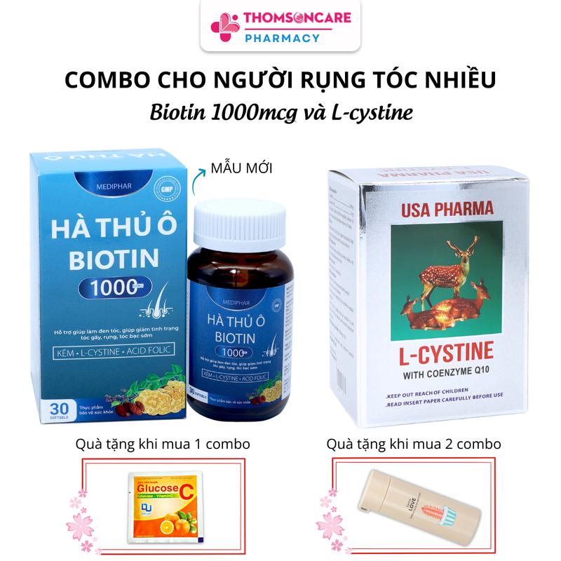 Viên uống Biotin Plus Hà thủ ô 30 viên và L cystine 60 viên combo dùng cho người rụng tóc nhiều tóc hay gãy rụng mua 1 combo tặng 1 kẹo Glucose C mua từ 2 combo tặng 1 bình nước