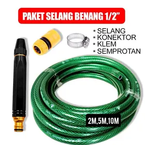 Paket Selang Serat Benang Hijau Anti Lumut Ukuran 1/2" Free Nozzle Semprotan Upgrade Full Besi - Paket Alat Cuci Motor Mobil Siram Tanaman